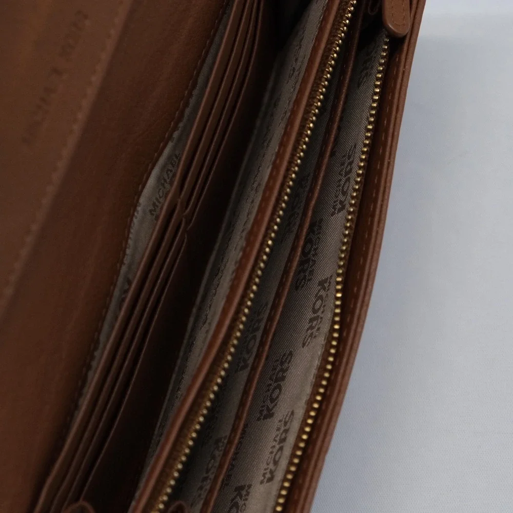 Michael Kors Wallet Women Brown Pebbled Leather Gold Logo Plate OS Classic